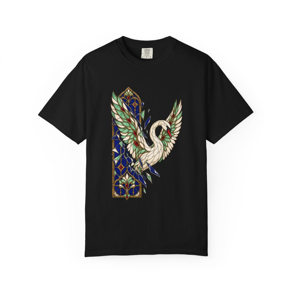 Glass Swan Tee large front print on a Black Comfort Colors 1717 tee