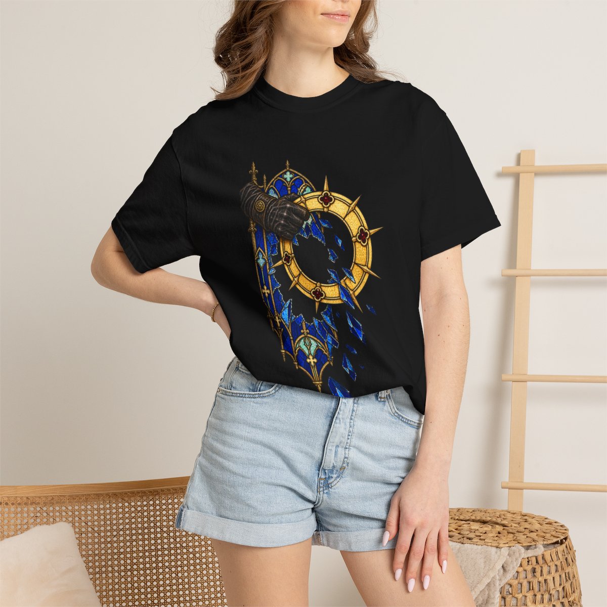 Halo Heist Tee worn Printify context view on a Black Comfort Colors 1717 tee