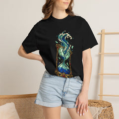 Hourglass Tide Tee worn Printify context view on a Black Comfort Colors 1717 tee