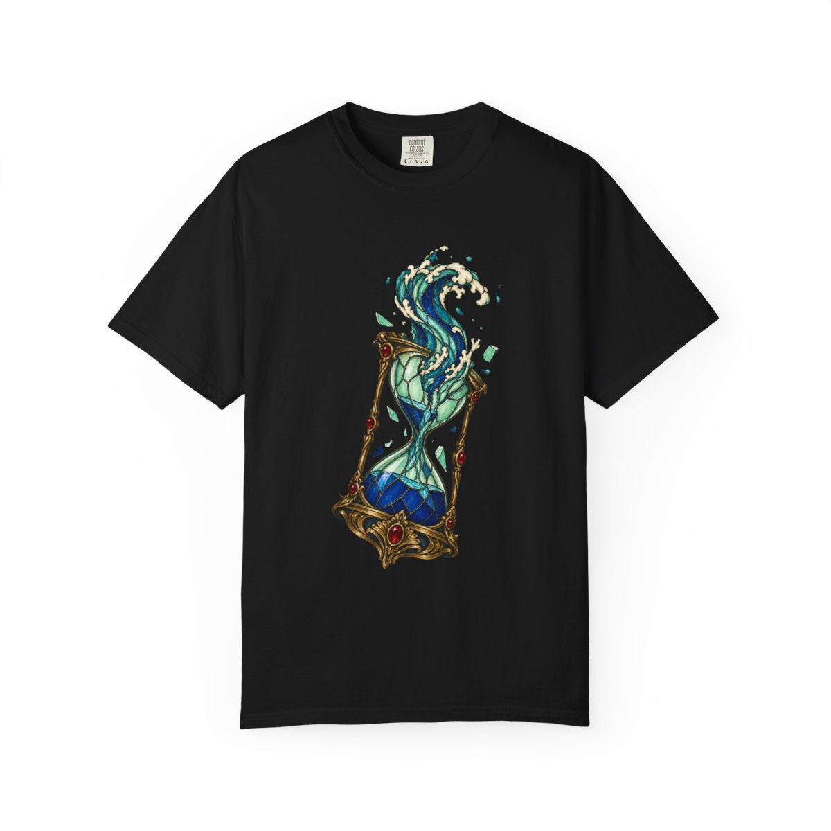 Hourglass Tide Tee large front print on a Black Comfort Colors 1717 tee