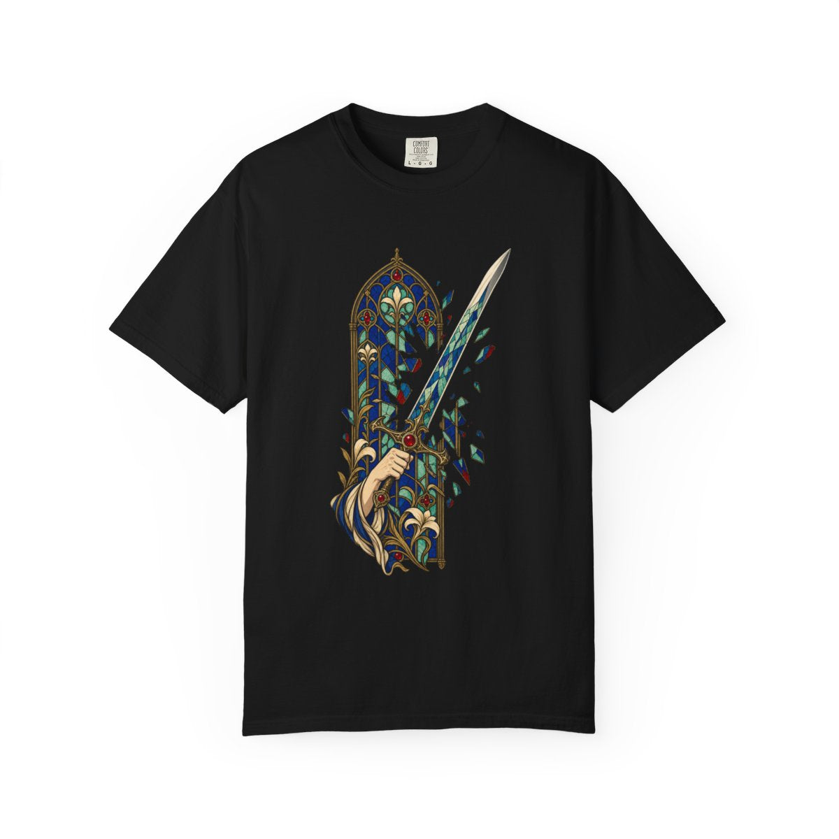 Window Sword Tee large front print on a Black Comfort Colors 1717 tee