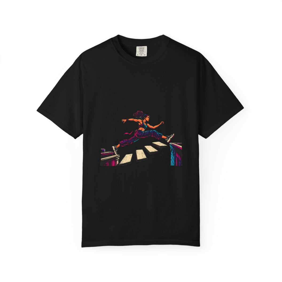 Crosswalk Leap Tee large front print on a Black Comfort Colors 1717 tee
