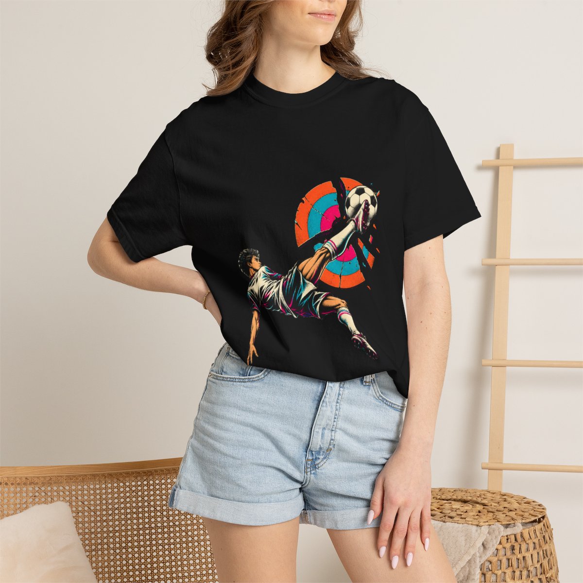 Scissor Kick Tee worn Printify context view on a Black Comfort Colors 1717 tee