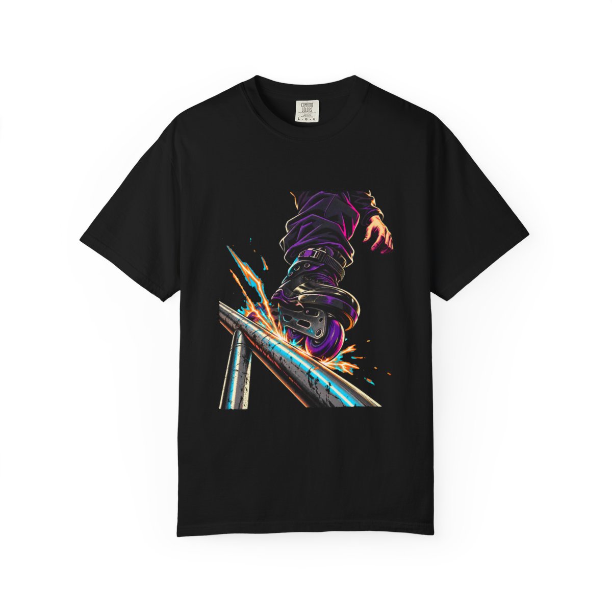 Wheel Strike Tee large front print on a Black Comfort Colors 1717 tee