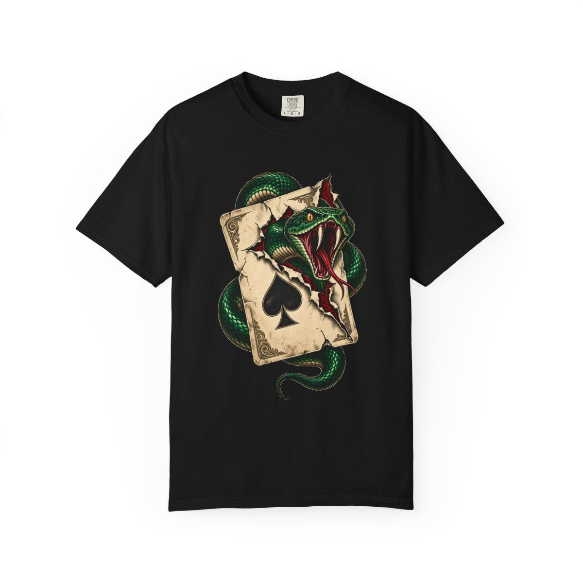 Ace of Fangs Tee large front print on a Black Comfort Colors 1717 tee