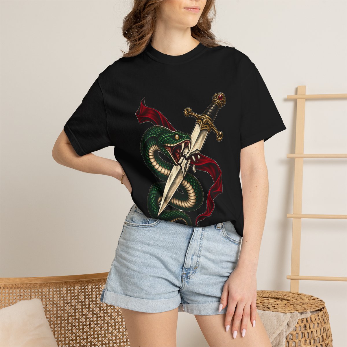 Blade Kiss Tee worn Printify context view on a Black Comfort Colors 1717 tee