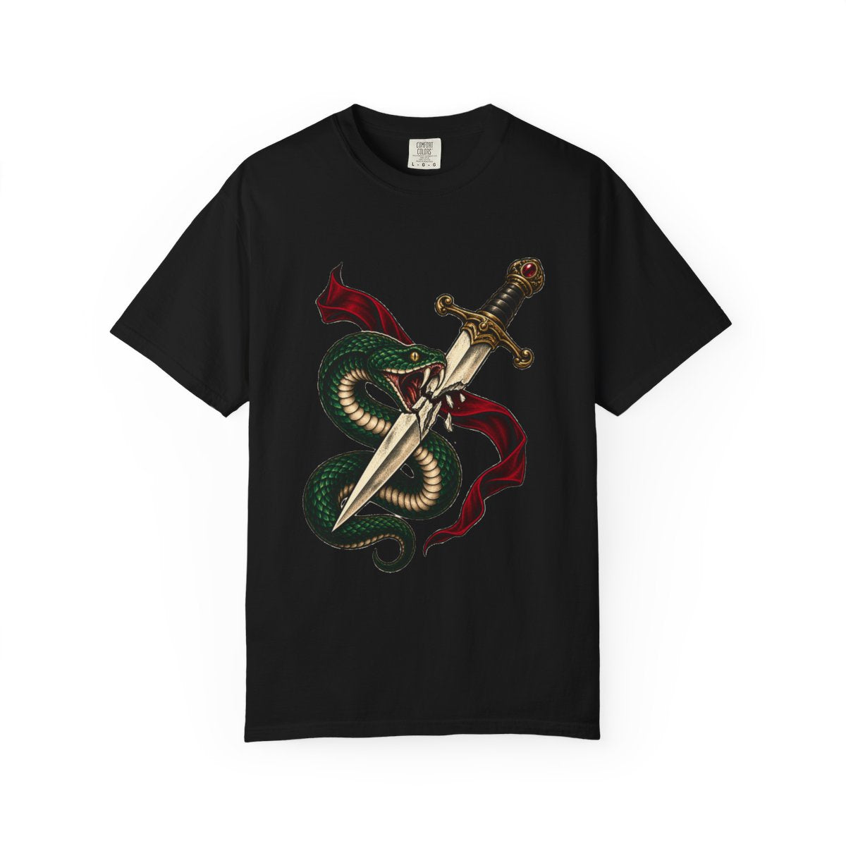 Blade Kiss Tee large front print on a Black Comfort Colors 1717 tee