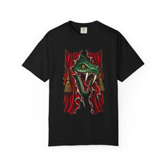 Curtain Bite Tee large front print on a Black Comfort Colors 1717 tee