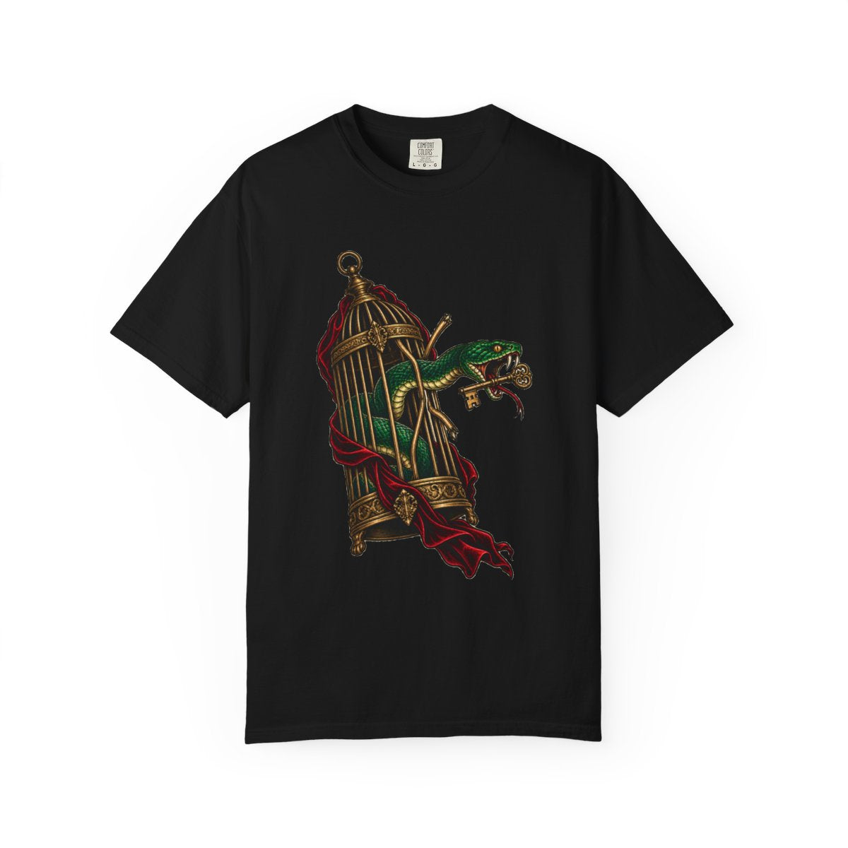 Golden Cage Tee large front print on a Black Comfort Colors 1717 tee