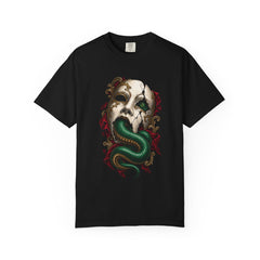 Mask Uncoil Tee large front print on a Black Comfort Colors 1717 tee