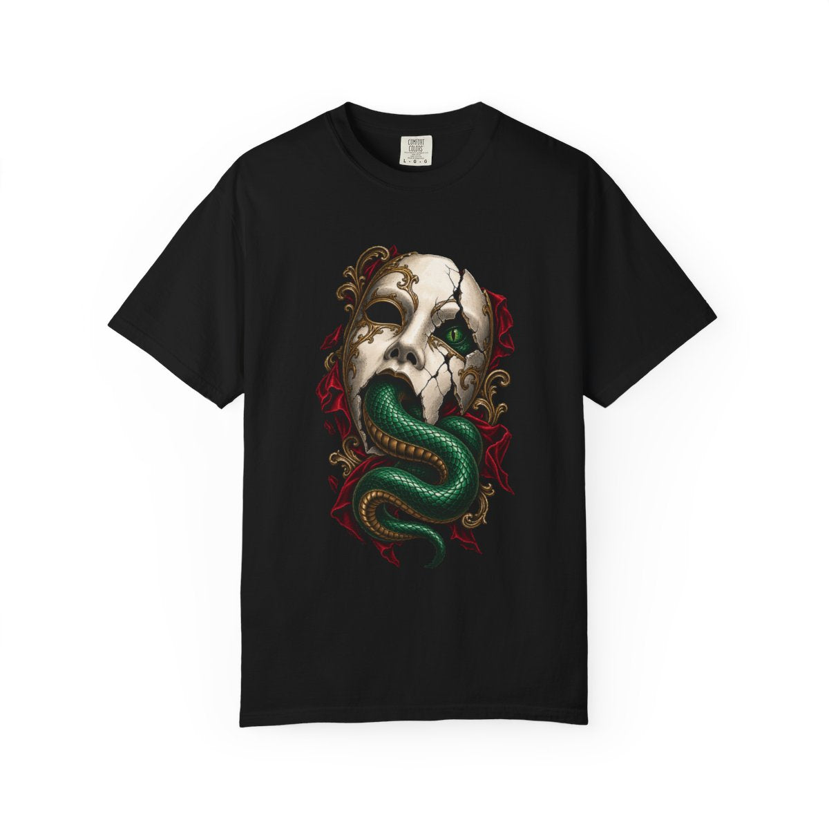 Mask Uncoil Tee large front print on a Black Comfort Colors 1717 tee
