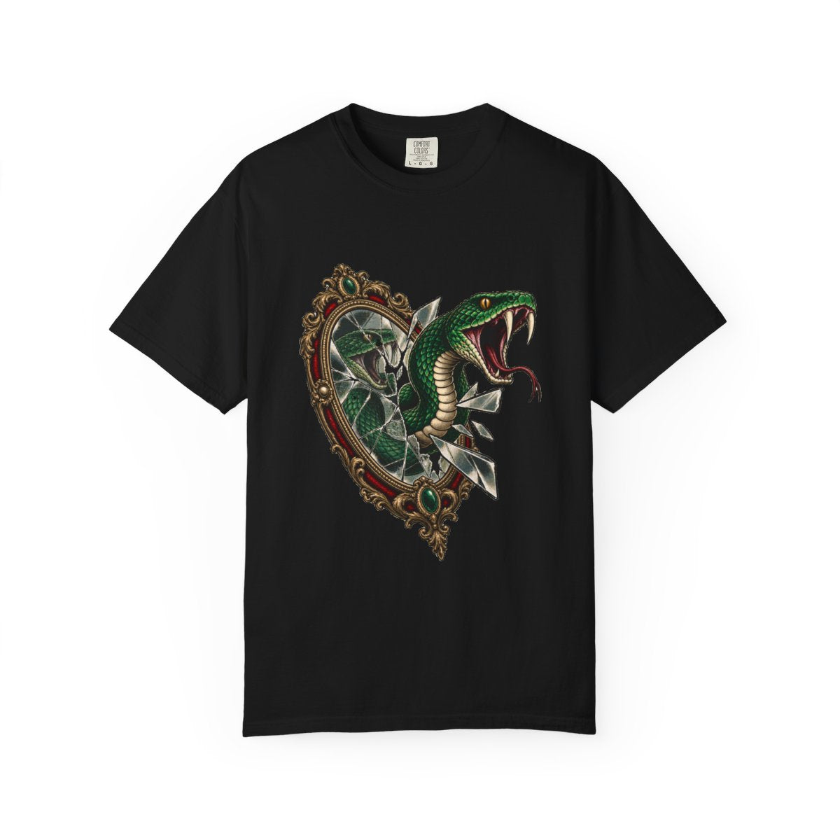 Mirror Fang Tee large front print on a Black Comfort Colors 1717 tee