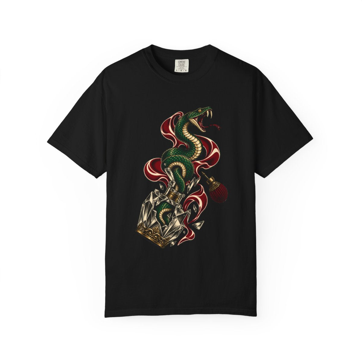 Perfume Viper Tee large front print on a Black Comfort Colors 1717 tee