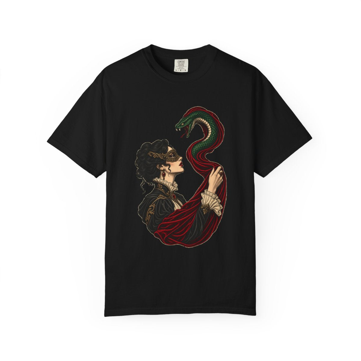 Red Veil Tee large front print on a Black Comfort Colors 1717 tee