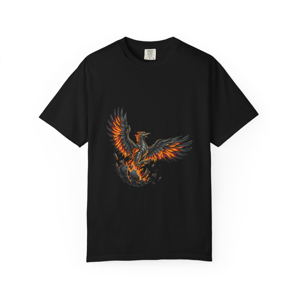 Iron Phoenix Tee large front print on a Black Comfort Colors 1717 tee