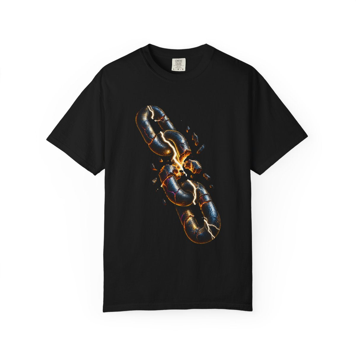 Storm Chain Tee large front print on a Black Comfort Colors 1717 tee