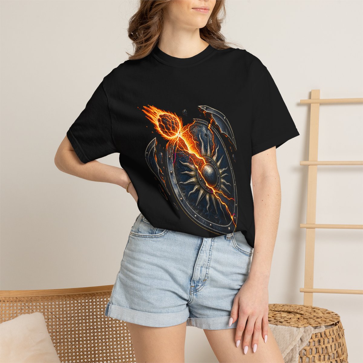 Sunshield Tee worn Printify context view on a Black Comfort Colors 1717 tee