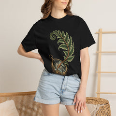 Compass Fern Tee worn Printify context view on a Black Comfort Colors 1717 tee