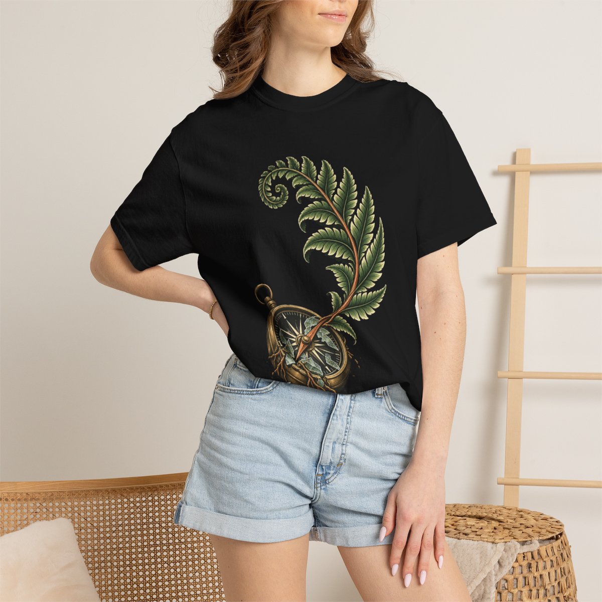 Compass Fern Tee worn Printify context view on a Black Comfort Colors 1717 tee