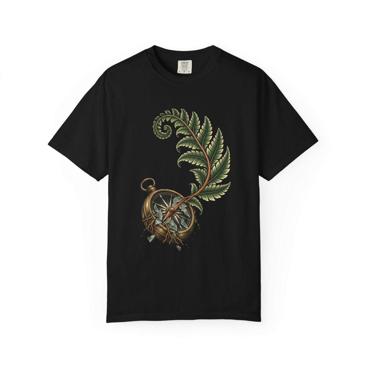 Compass Fern Tee large front print on a Black Comfort Colors 1717 tee