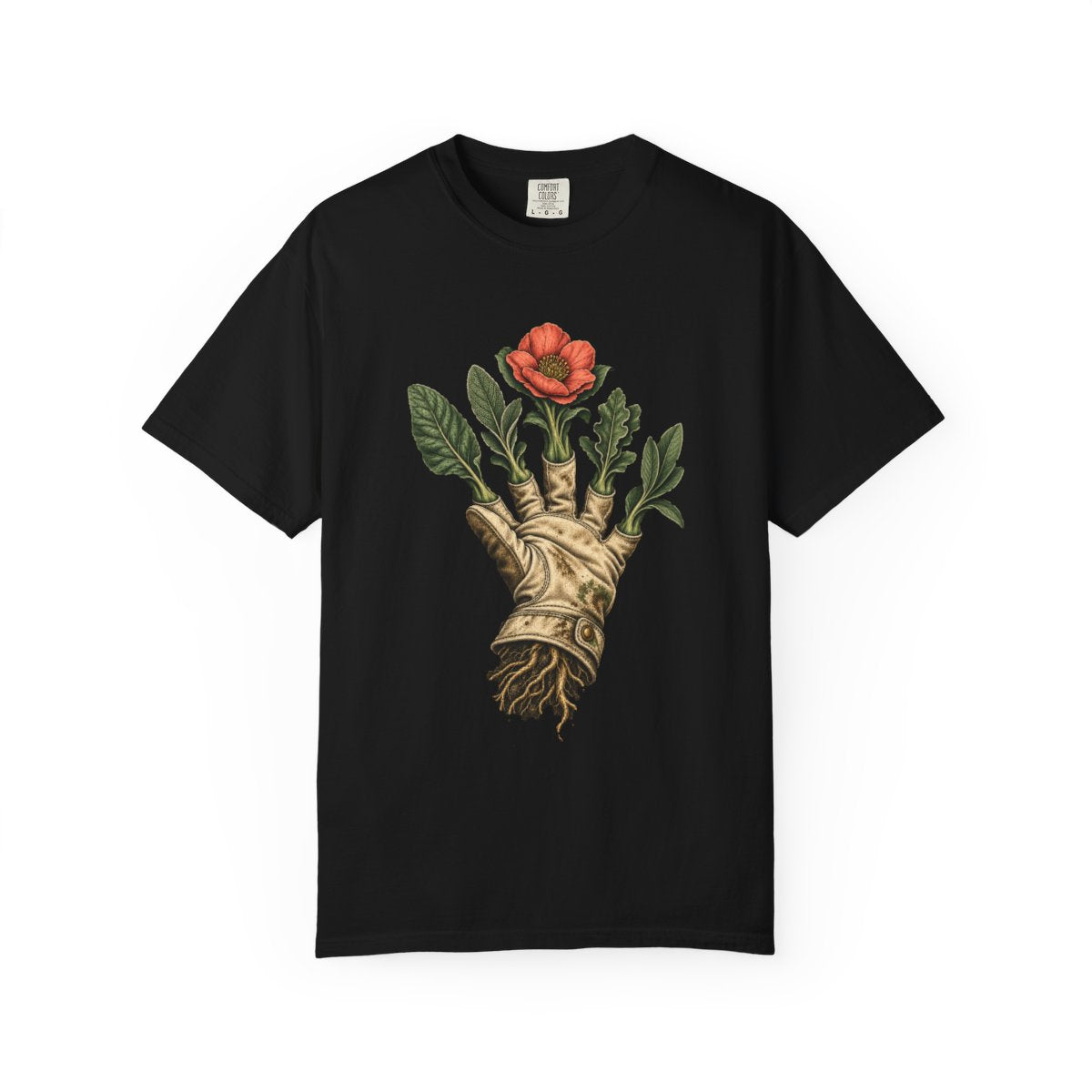 Garden Glove Tee large front print on a Black Comfort Colors 1717 tee