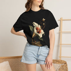 Gramophone Bloom Tee worn Printify context view on a Black Comfort Colors 1717 tee