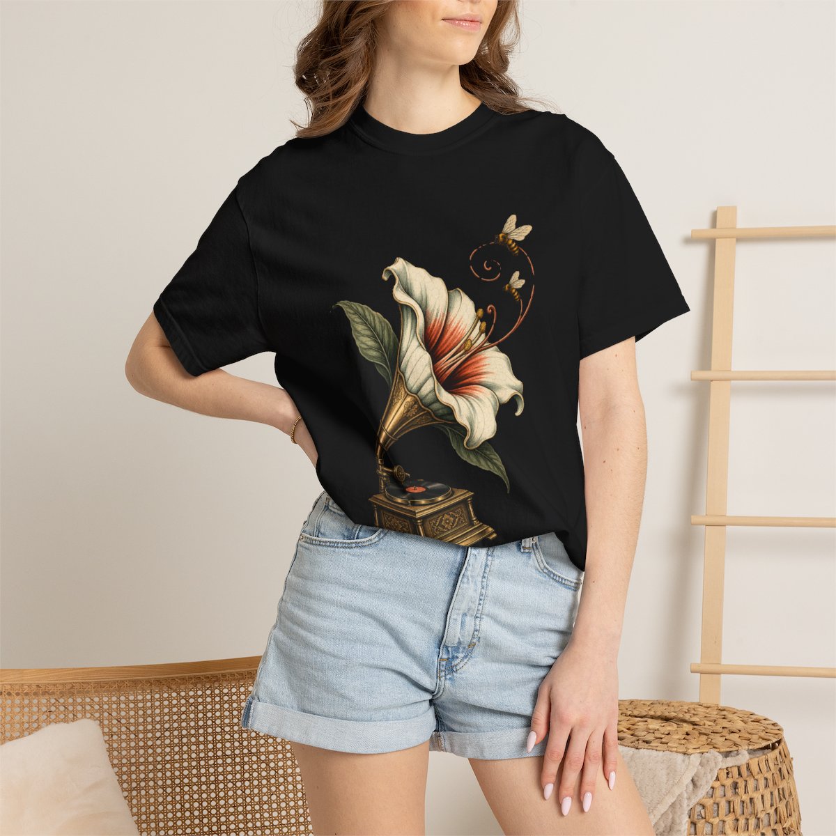Gramophone Bloom Tee worn Printify context view on a Black Comfort Colors 1717 tee