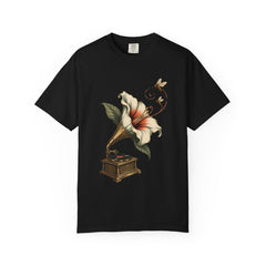Gramophone Bloom Tee large front print on a Black Comfort Colors 1717 tee