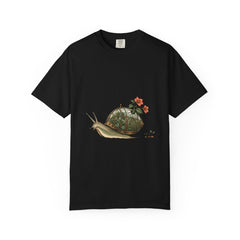 Greenhouse Snail Tee large front print on a Black Comfort Colors 1717 tee