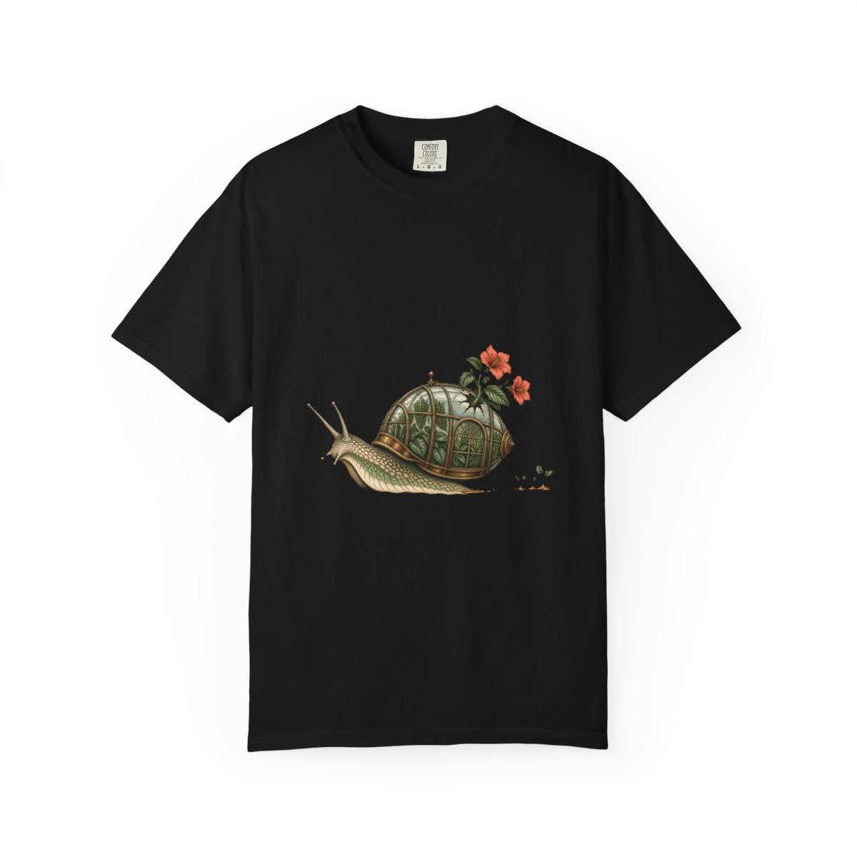 Greenhouse Snail Tee large front print on a Black Comfort Colors 1717 tee