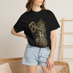 Keyhole Grove Tee worn Printify context view on a Black Comfort Colors 1717 tee