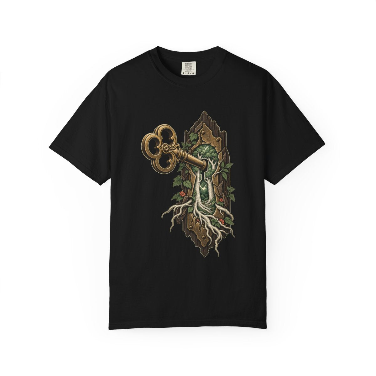 Keyhole Grove Tee large front print on a Black Comfort Colors 1717 tee