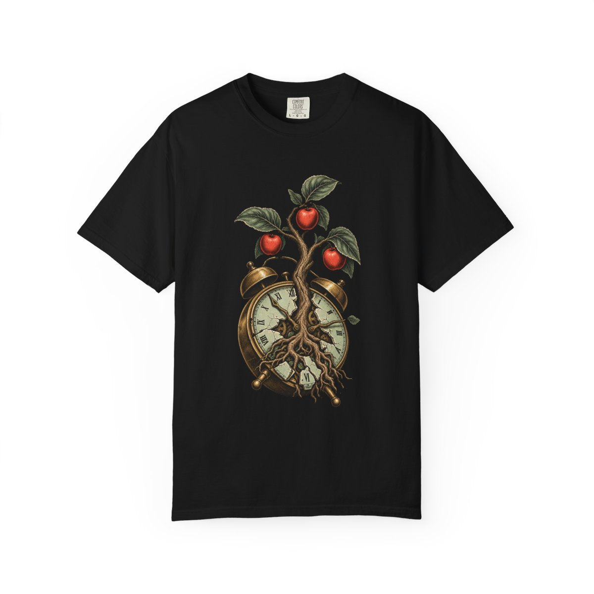 Orchard Clock Tee large front print on a Black Comfort Colors 1717 tee