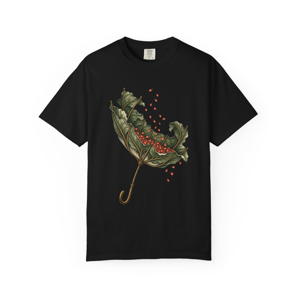 Umbrella Garden Tee large front print on a Black Comfort Colors 1717 tee