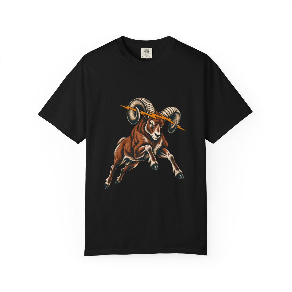 Bighorn Bolt Tee large front print on a Black Comfort Colors 1717 tee