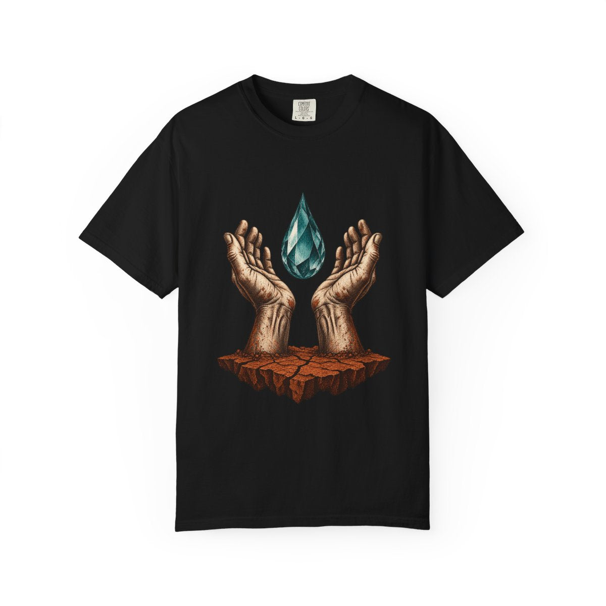 First Rain Tee large front print on a Black Comfort Colors 1717 tee