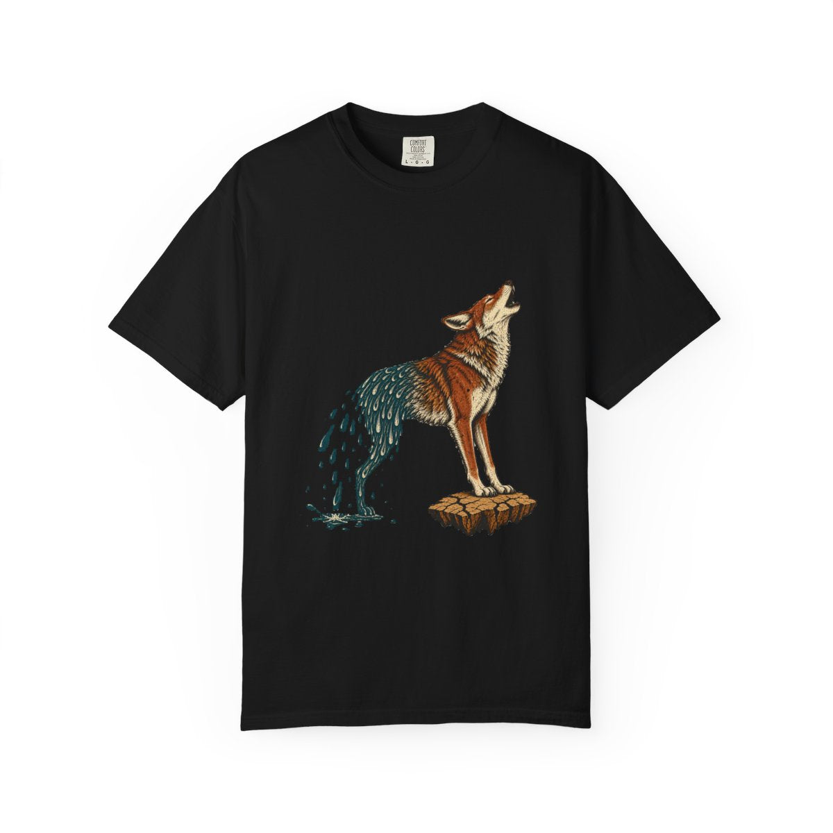 Storm Coyote Tee large front print on a Black Comfort Colors 1717 tee