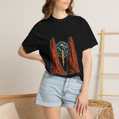 Thunder Gate Tee worn Printify context view on a Black Comfort Colors 1717 tee