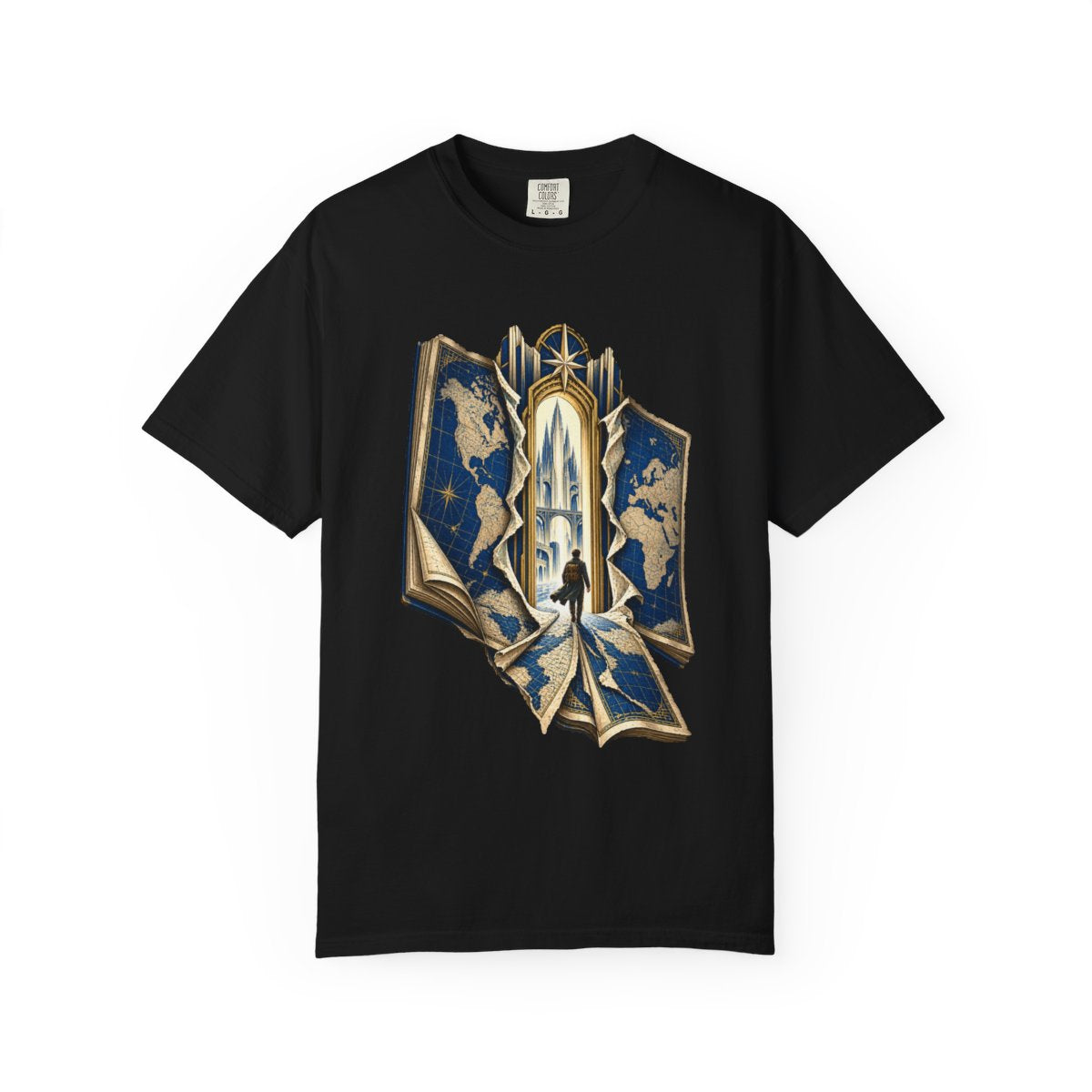 The Atlas Door Tee large front print on a Black Comfort Colors 1717 tee