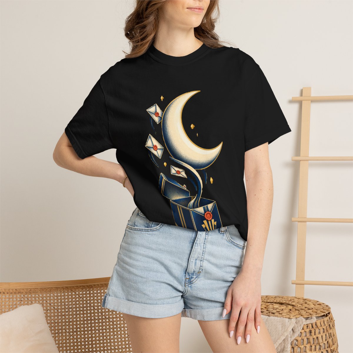 Open the Moon Tee worn Printify context view on a Black Comfort Colors 1717 tee