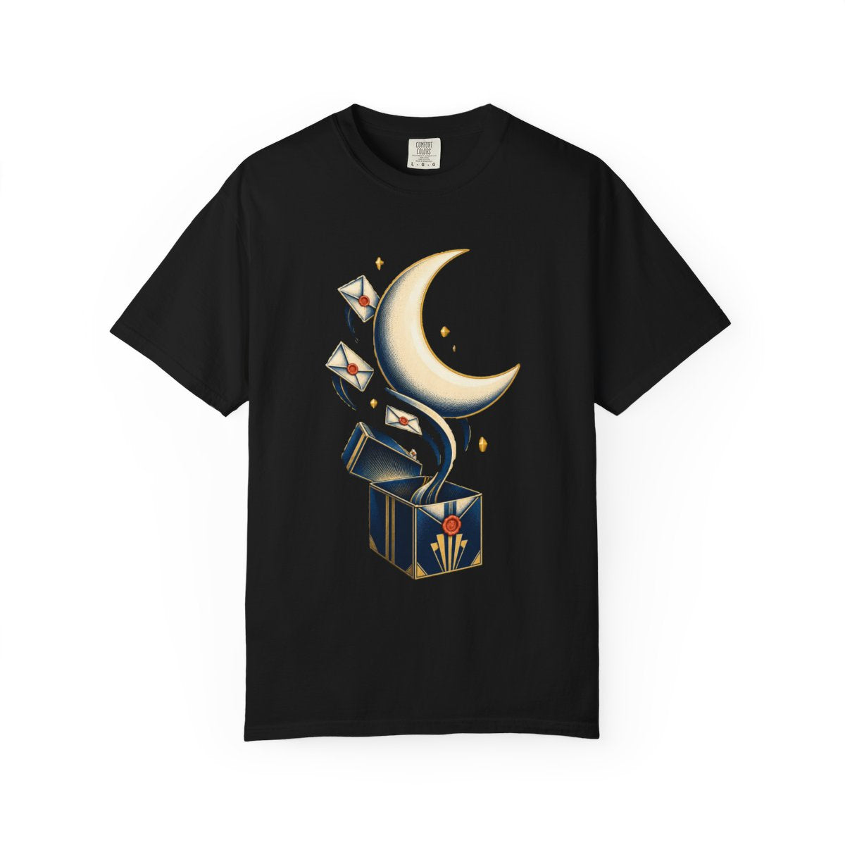 Open the Moon Tee large front print on a Black Comfort Colors 1717 tee