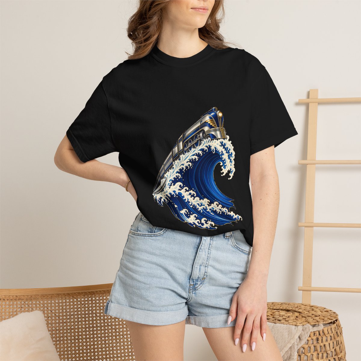 Ride the Wave Tee worn Printify context view on a Black Comfort Colors 1717 tee