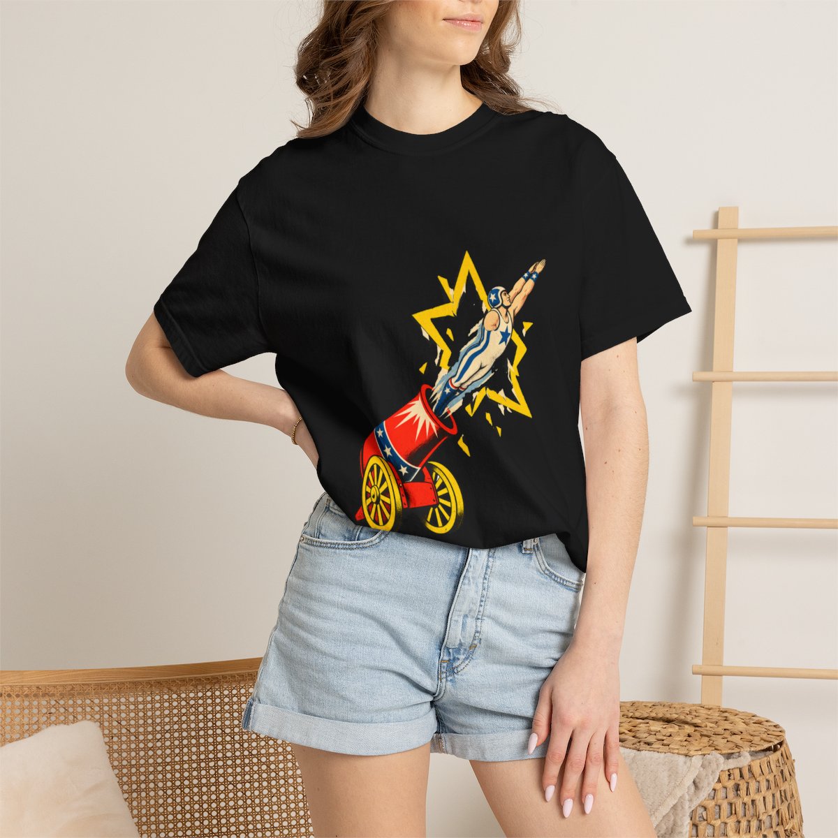 Cannon Flight Tee worn Printify context view on a Black Comfort Colors 1717 tee