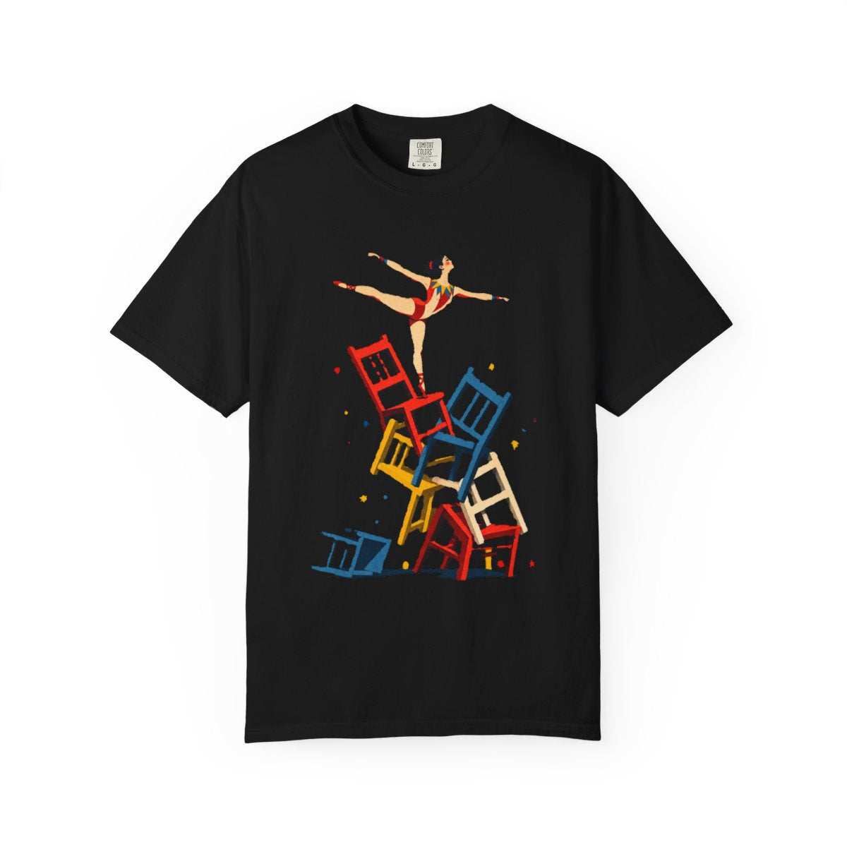 Chair Tower Tee large front print on a Black Comfort Colors 1717 tee