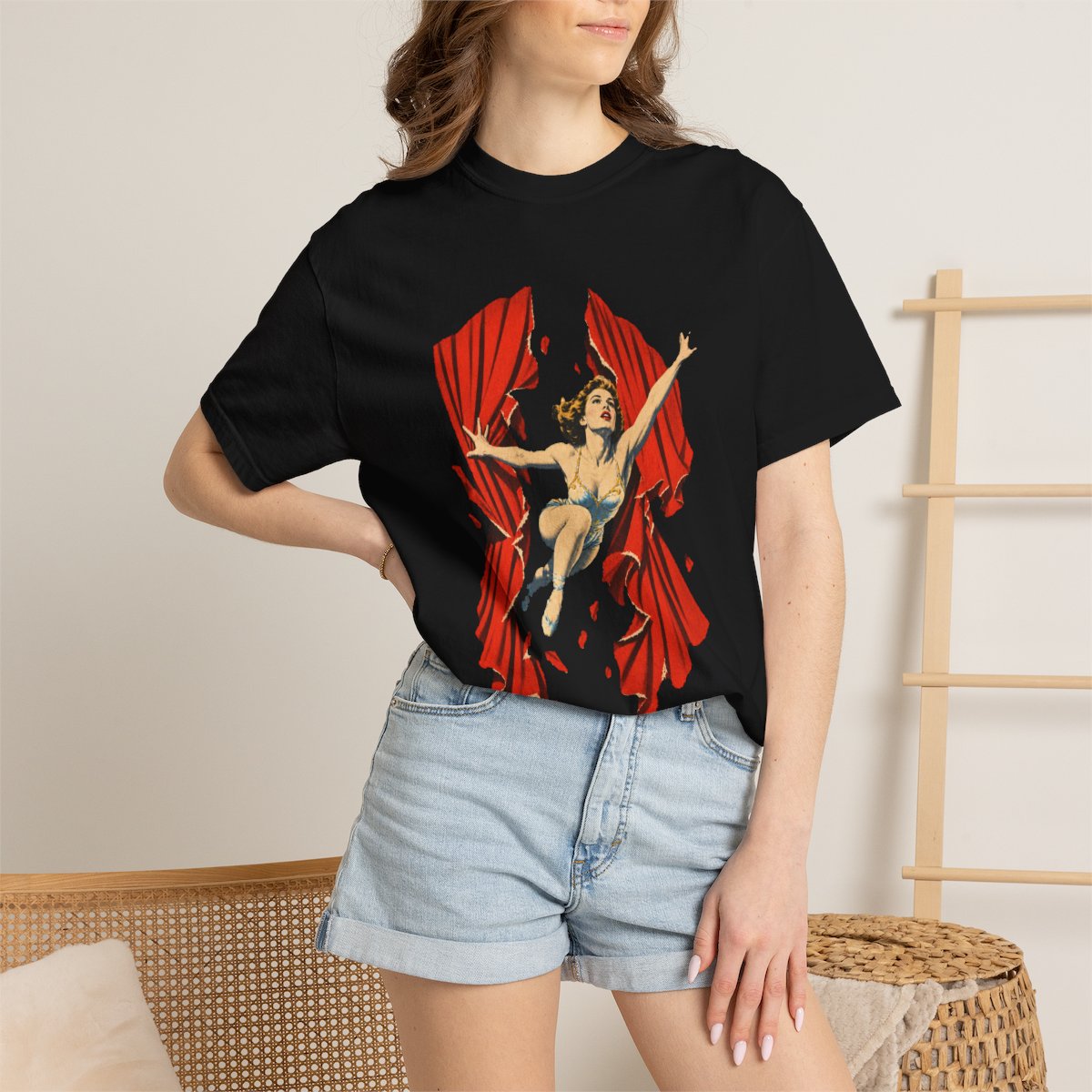 Curtain Drop Tee worn Printify context view on a Black Comfort Colors 1717 tee