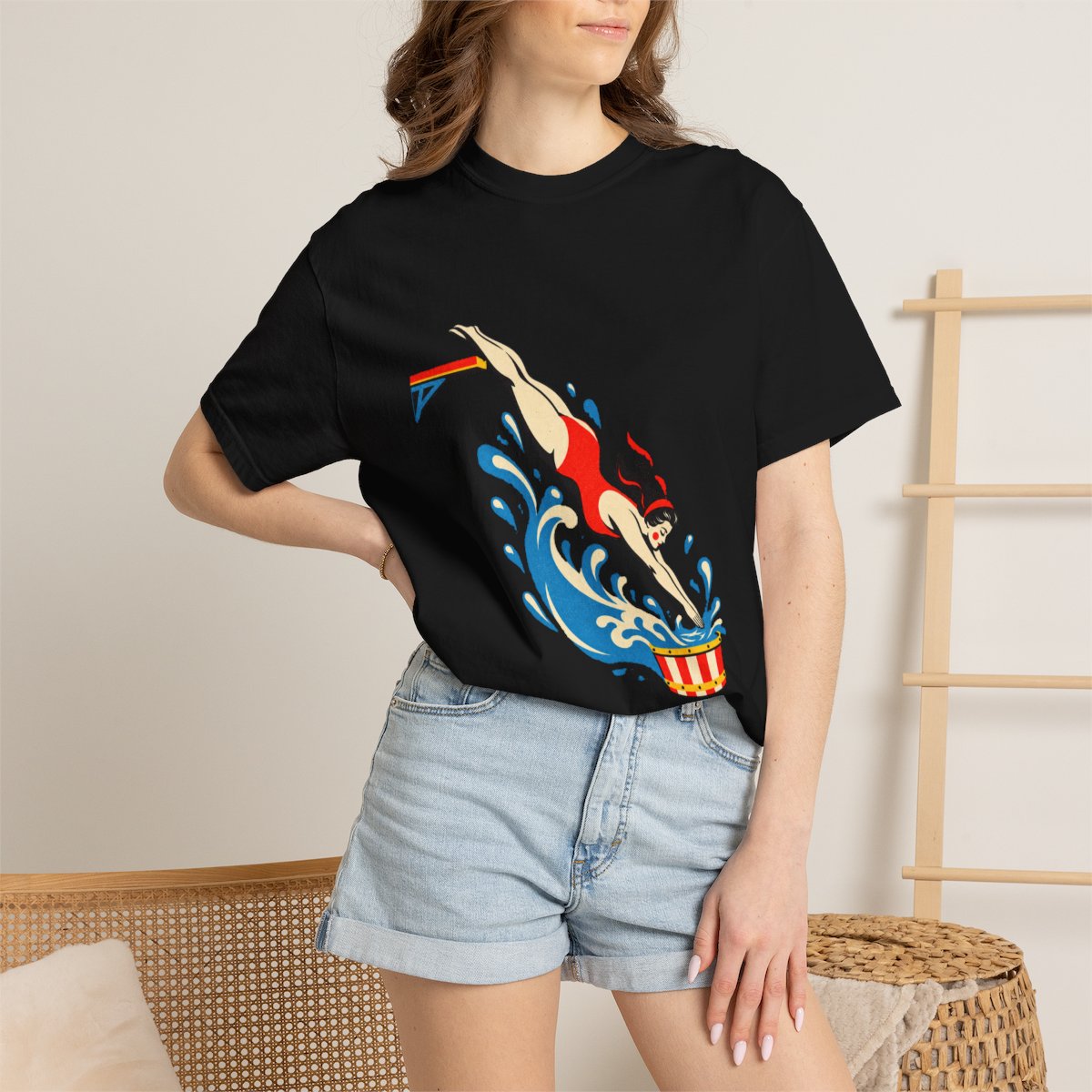 High Dive Tee worn Printify context view on a Black Comfort Colors 1717 tee