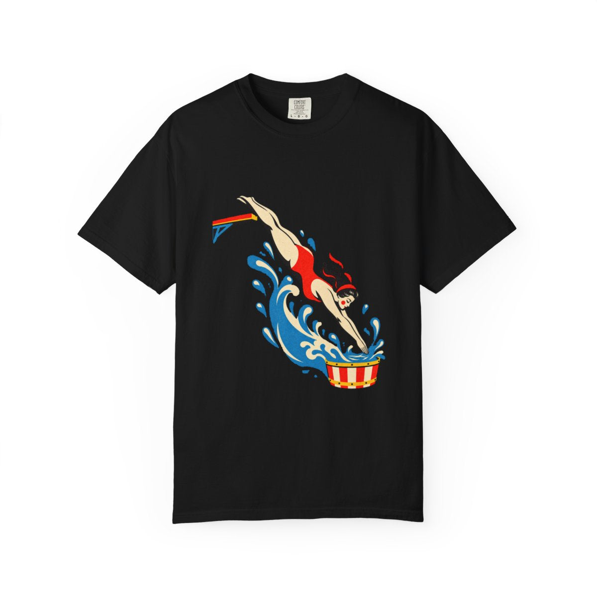 High Dive Tee large front print on a Black Comfort Colors 1717 tee