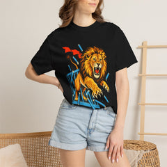 Lion Breakout Tee worn Printify context view on a Black Comfort Colors 1717 tee