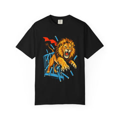 Lion Breakout Tee large front print on a Black Comfort Colors 1717 tee