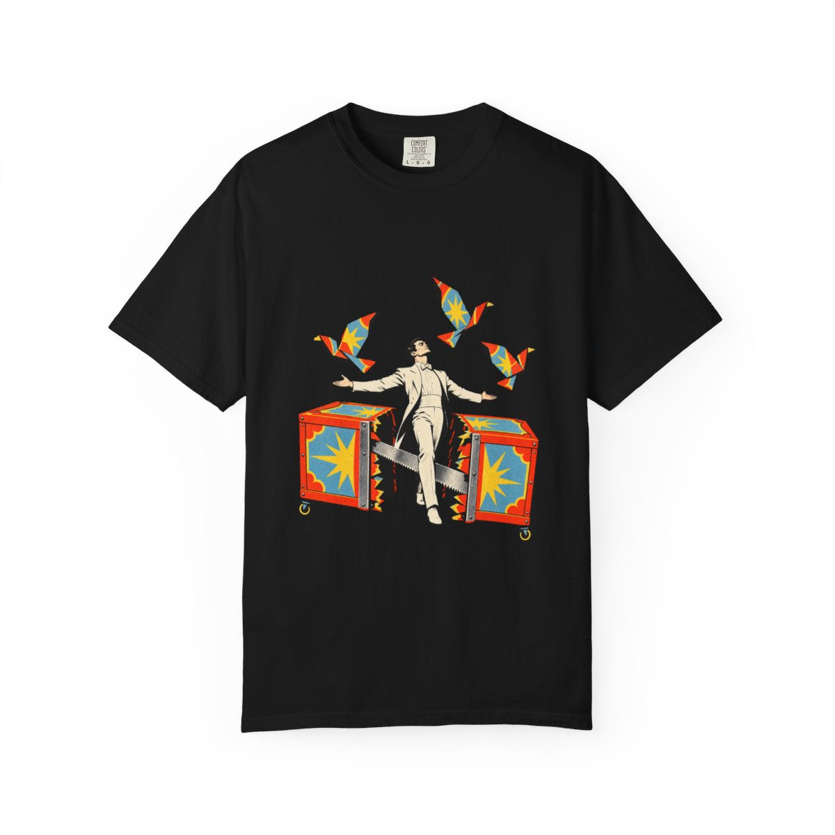 Split Box Tee large front print on a Black Comfort Colors 1717 tee